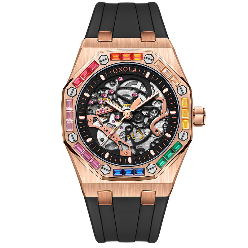 Men&#39;s Silicone Band Rainbow Diamond Automatic Mechanical Watch