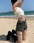 ⛓️ Women's High Waist Chain Detail Denim Shorts – Charcoal Black Cotton (XS-L)