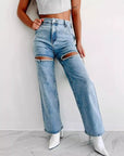 Women’s Washed Chain Ripped Jeans - Straight Leg Comfort