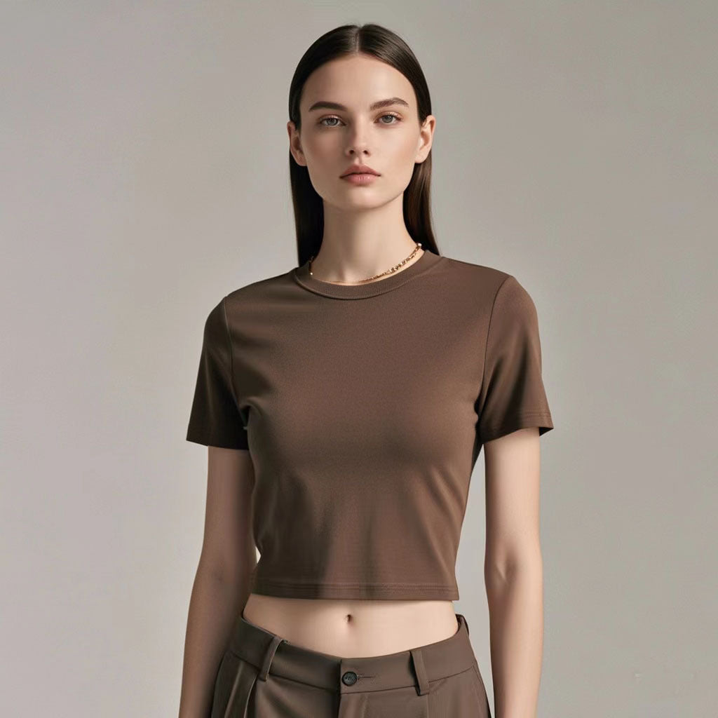 Women’s Cropped Cotton T-Shirt – American Style Short Sleeve Slim Fit Tee with Round Neck, Soft Fabric &amp; Trendy Navel-Length Design