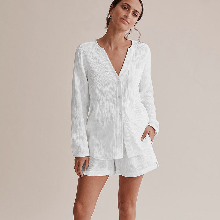 🌙 Women’s Double-Layer Cotton Gauze Pajama Set – Long Sleeve &amp; Shorts