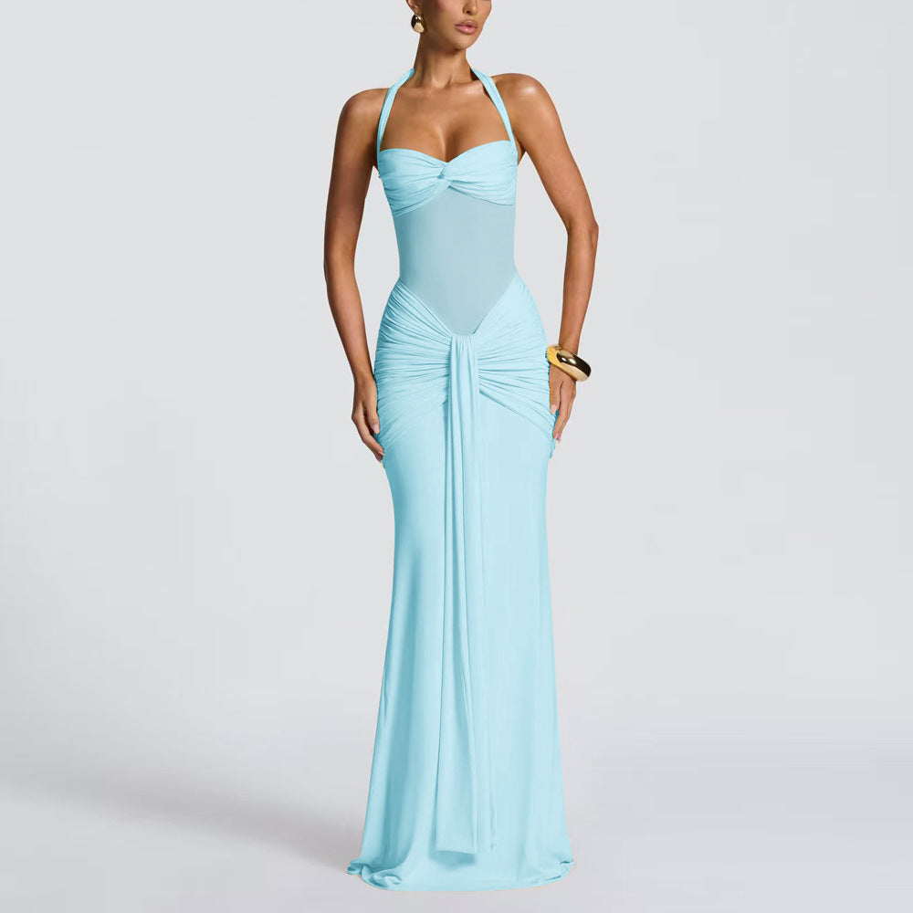 Women’s Elegant Halter Tie-Neck Mesh Ribbon A-Line Long Dress