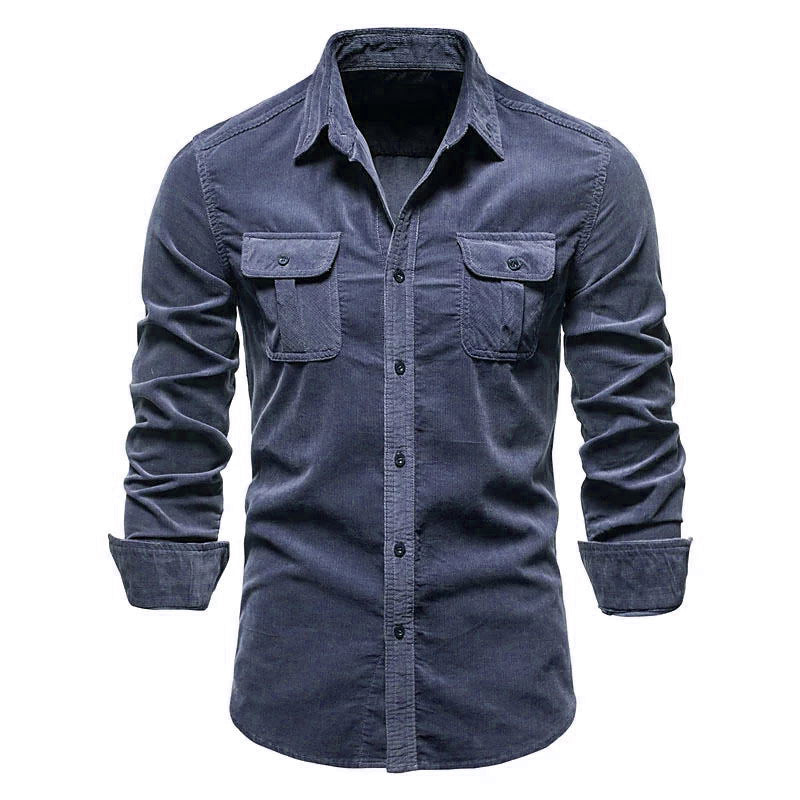 Men’s Corduroy Long Sleeve Slim Fit Shirt – Ribbed Cotton Lapel Collar Business Casual Button-Down Top