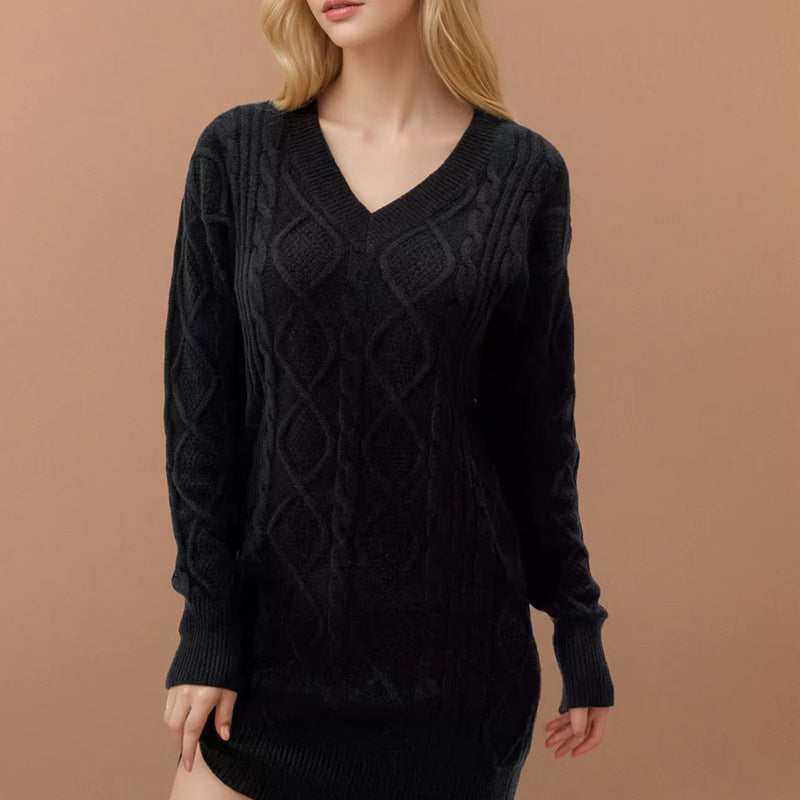 WOMEN Mid-length Sweater V-neck Knitted Twist Dress