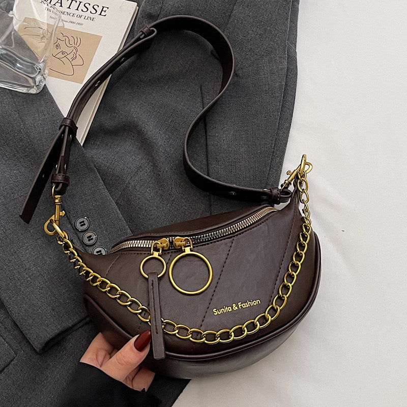 Women’s Saddle Crossbody Bag – Small PU Leather Shoulder Purse with Detachable Chain Strap and Zipper Closure