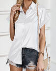 Lapel Button Short Sleeve Shirt Summer Casual Loose Solid Color Beach Top For Womens Clothing