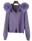 Women’s Hooded Spring Coat – Zipper Cardigan with Real Fox Fur Collar