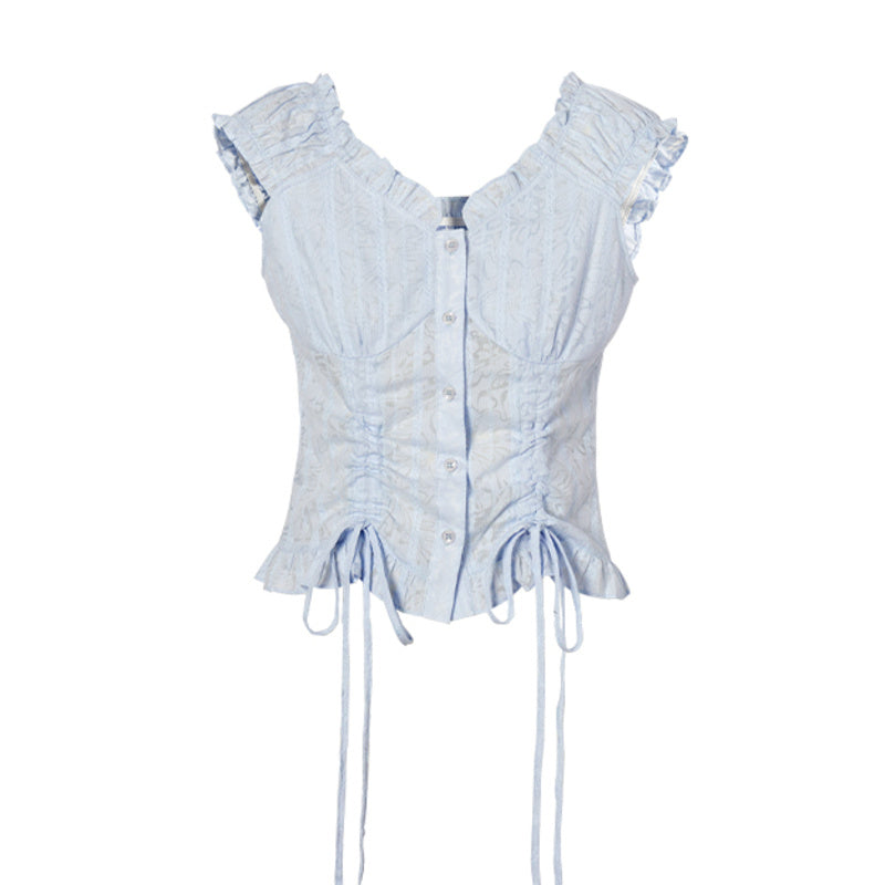 Women&#39;s Off-Shoulder Plaid Shirt - Two-Way Drawstring Waist Tie Top (100% Cotton, Blue/White/Red Retro, S-XL)