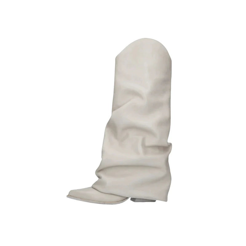 Women’s Pointed Toe Pile Style High Boots – Wedge Heel with Belt Buckle Detail