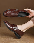 Women’s Low Heel Plus Size Buckle Shoes – Litchi Pattern Round Toe Comfort