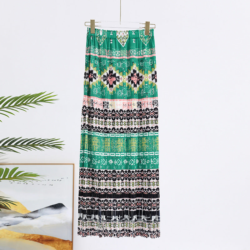 Women’s Summer Pleated Long Skirt - Hand-Painted Print Polyester Maxi Skirt