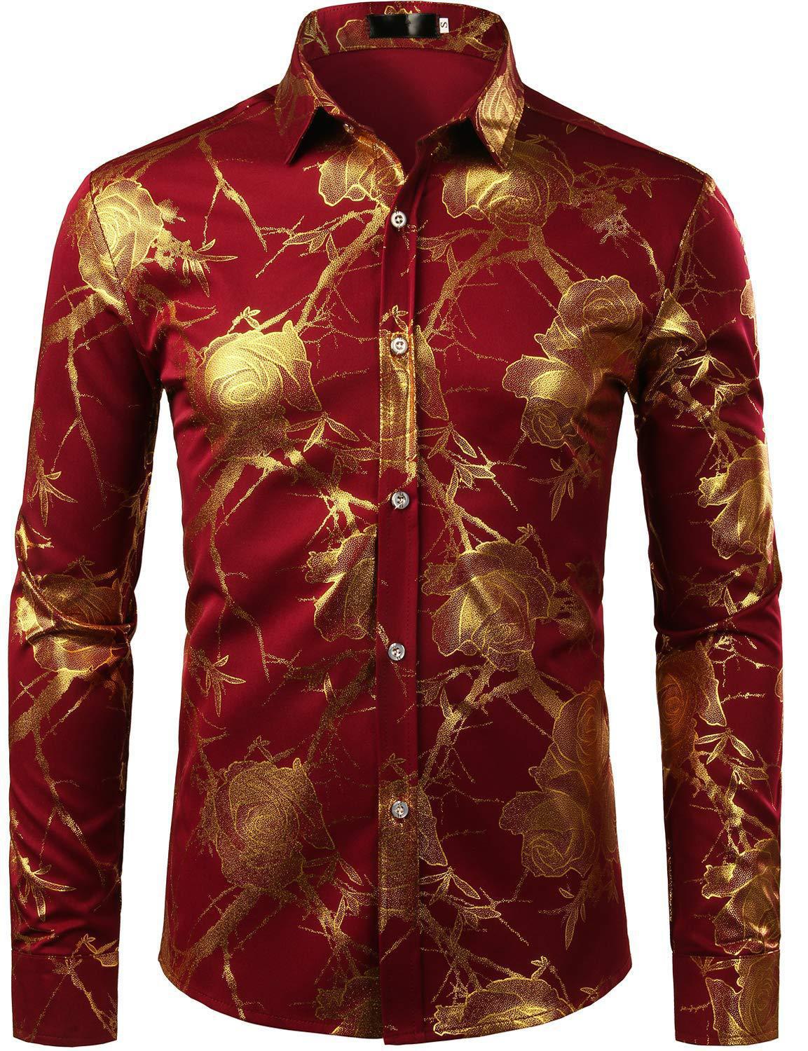 Men Floral Print Long Sleeve Shirt – 3D Digital Printed Stretch Slim Fit Urban Lapel Dress Shirt