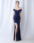 Women’s Satin Off-Shoulder Long Occasional Dress – Slim-Fit Elegant Evening Gown