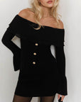 Women’s Off-Shoulder Clinched Splicing Knitwear – Elegant Long-Sleeve Bell-Sleeve Sweater Top