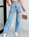 Women’s Washed Chain Ripped Jeans - Straight Leg Comfort