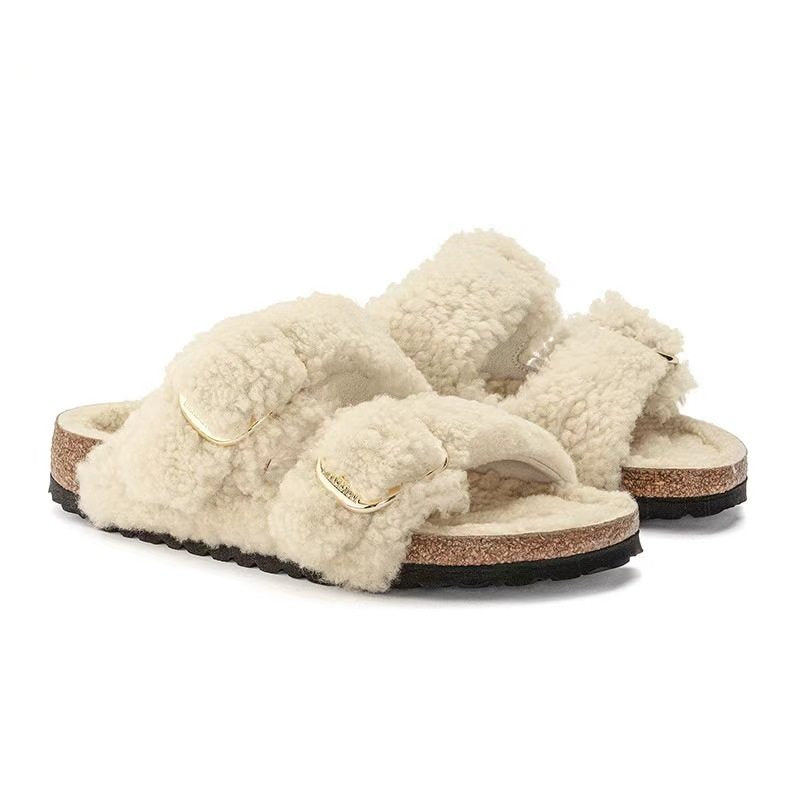 Women’s Lazybones Outdoor Fur Slippers – Warm Cotton Cork Sole Casual Non-Slip Slides