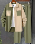 Men’s Casual Shirt & Trousers Suit – Army Green Cotton-Blend Leisure Set