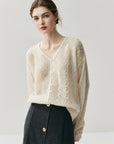Women 75% Cashmere 25% Mulberry Silk Knitted Cardigan – Lightweight V-Neck Loose Fit Cut-Out Button Sweater