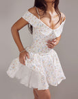 Women Strapless One-Shoulder Floral Dress – Ruffled Tutu High-Waist Summer Sling Mini Dress