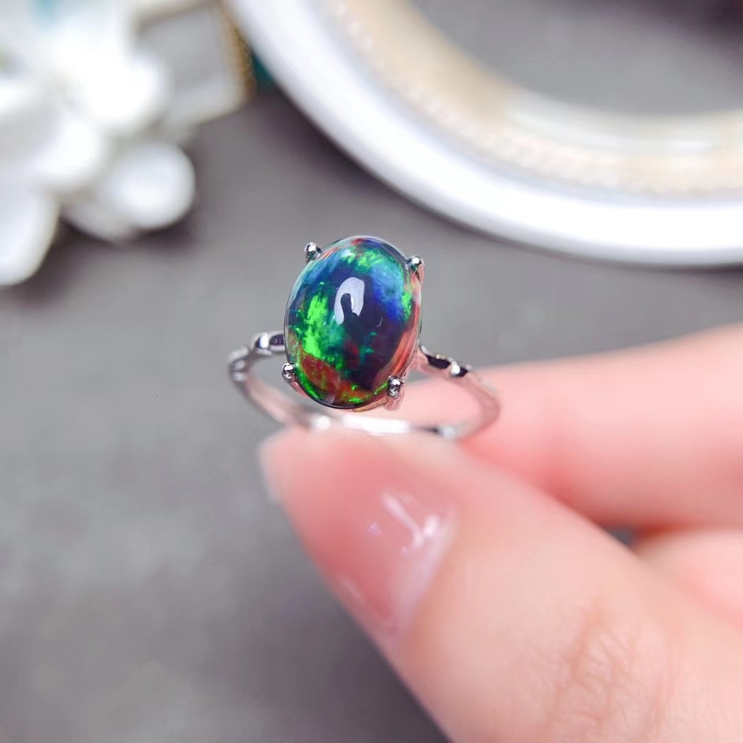 925 Silver Delicate Mosaic Natural Black Opal Ring  (3 to 7 days shipping)