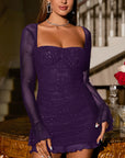 Women’s Sexy See-Through Sequin Gauze Dress – Long Sleeve High Waist Bodycon