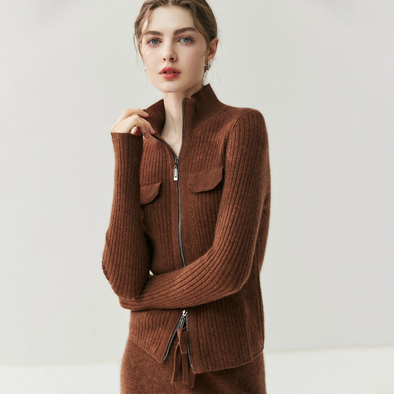 Women 100% Cashmere Knitted Cardigan – Korean Style Slim Fit Half Turtleneck Zip-Up Sweater