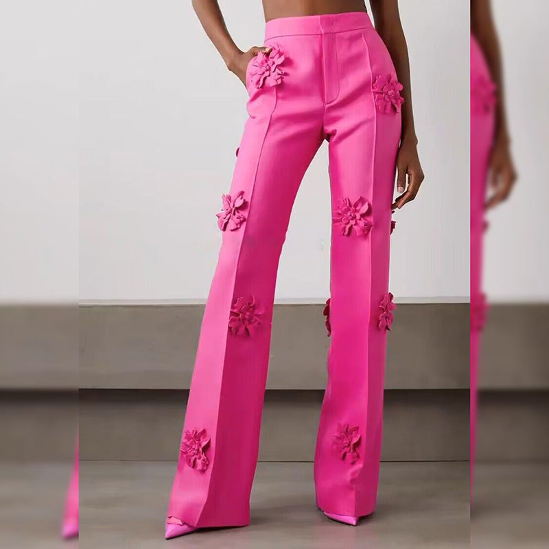 WHITE / PINK  Three-dimensional Flower Decoration Pants