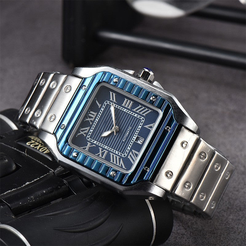 Men&#39;s 3-pin Quartz Square All-steel Watch