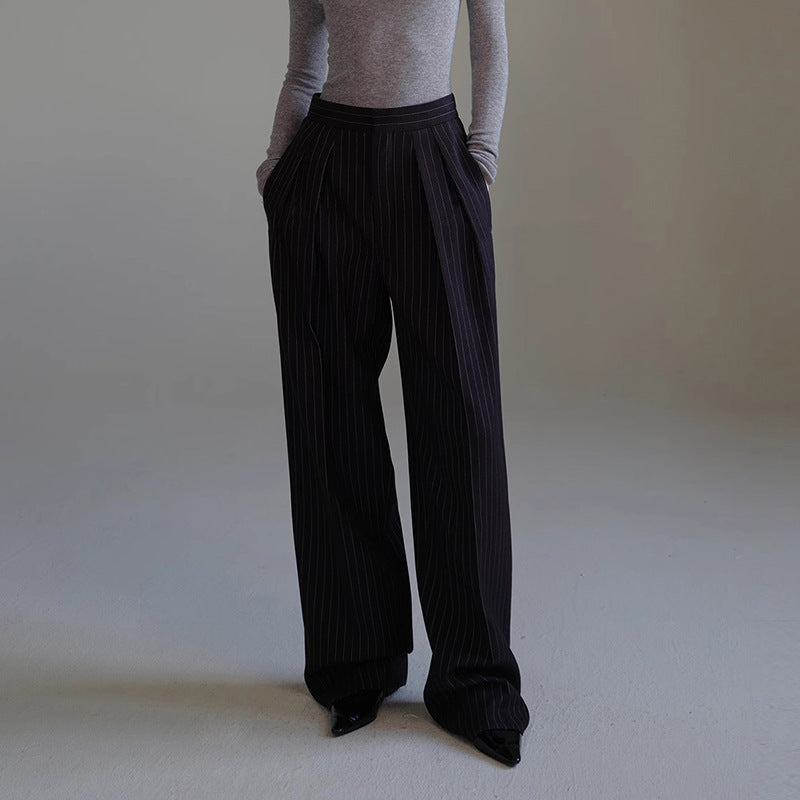 Women Striped Suit Baggy Pants – Wide-Leg Nine-Point Retro High Street Trousers