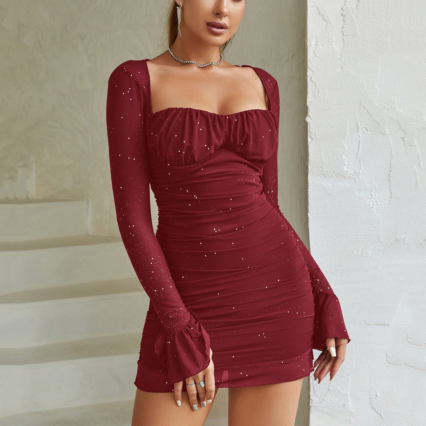 Women’s Sexy See-Through Sequin Gauze Dress – Long Sleeve High Waist Bodycon