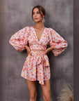 Women’s Autumn Floral V-Neck Long Sleeve Shorts Jumpsuit – Elegant Bohemian Chic Romper