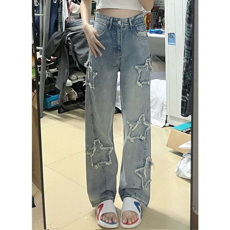 Blue Embroidered Jeans Women Loose Straight-leg Wide-leg Pants