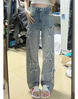 Blue Embroidered Jeans Women Loose Straight-leg Wide-leg Pants