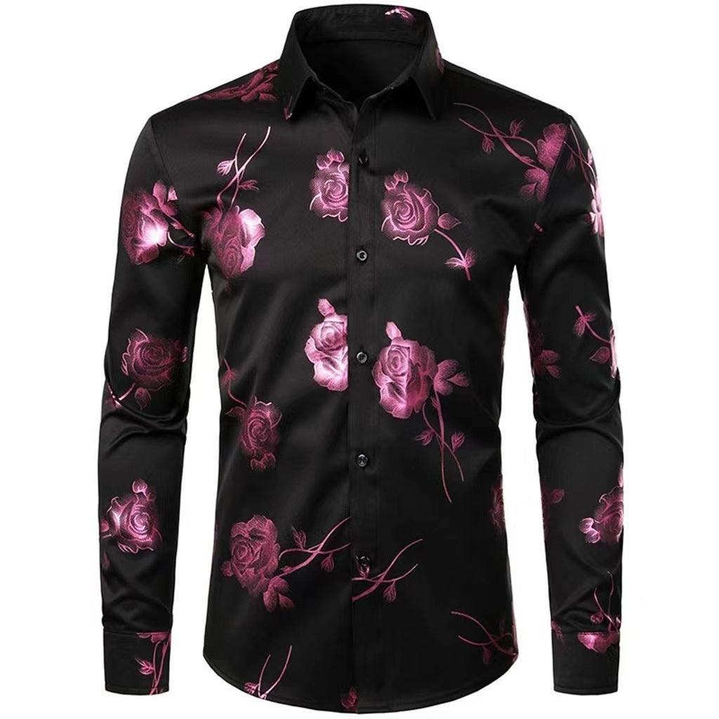 Men Floral Print Long Sleeve Shirt – 3D Digital Printed Stretch Slim Fit Urban Lapel Dress Shirt