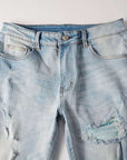 Baby Blue Wash Water Worn Patch Torn Jeans Male