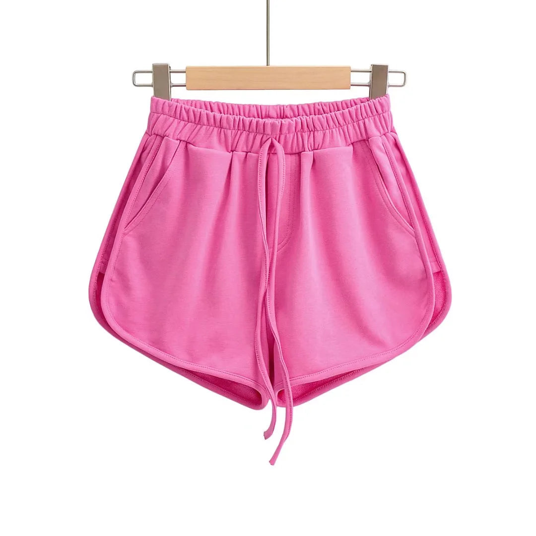 Women High-Waist Cotton Terry Shorts – Drawstring Casual Loose Fit Lounge Shorts with Pockets