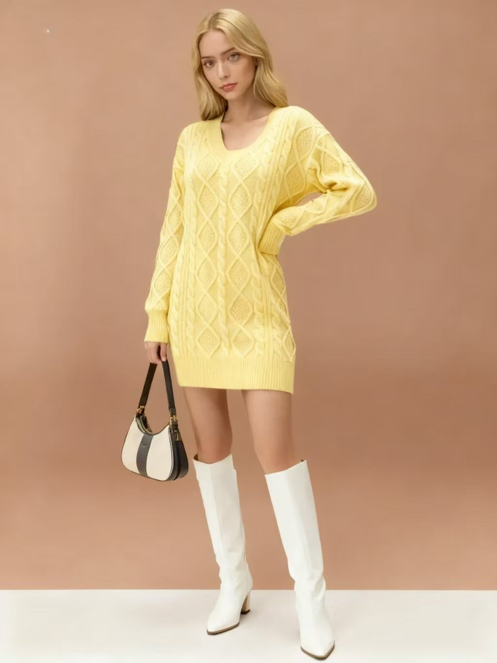 WOMEN Mid-length Sweater V-neck Knitted Twist Dress