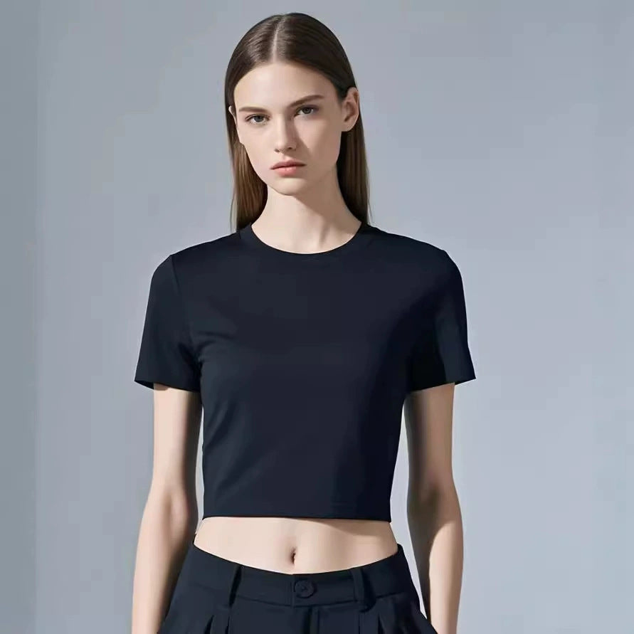 Women’s Cropped Cotton T-Shirt – American Style Short Sleeve Slim Fit Tee with Round Neck, Soft Fabric &amp; Trendy Navel-Length Design