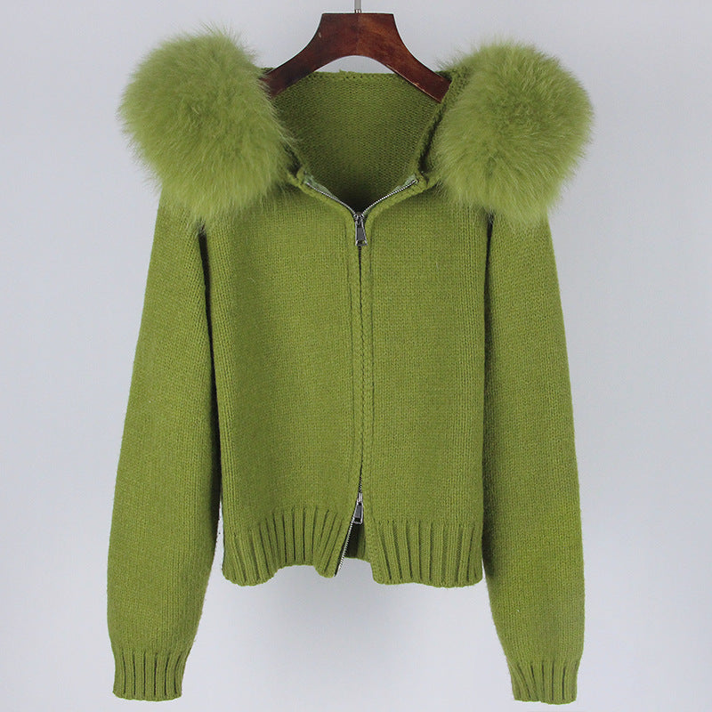 Women’s Hooded Spring Coat – Zipper Cardigan with Real Fox Fur Collar