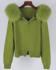 Women’s Hooded Spring Coat – Zipper Cardigan with Real Fox Fur Collar
