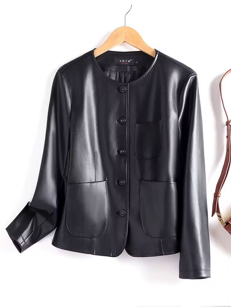 Women’s 100% Genuine Sheepskin Leather Jacket – Slim Fit Short Korean Style Round Neck Coat