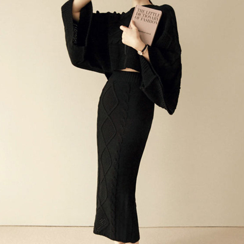 Women’s Knitted Bat-Sleeve Sweater &amp; Skirt Set – Sweet Elegance with Effortless Comfort