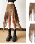 Women’s Asymmetrical High Waist A-Line Skirt – Ruffled Street Style Midi Skirt with Lace Detail & Slim Fit