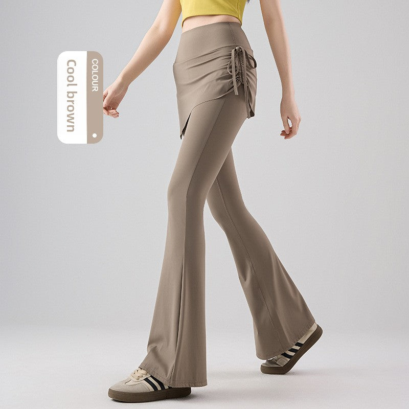 Women Drawstring Fake Two-Piece Culottes – High Stretch Slim Fit Shark Skin Yoga Skirt Pants with Adjustable Waist