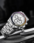 Men's Multifunctional Stainless Steel Colorful Crystals Waterproof Quartz Watch