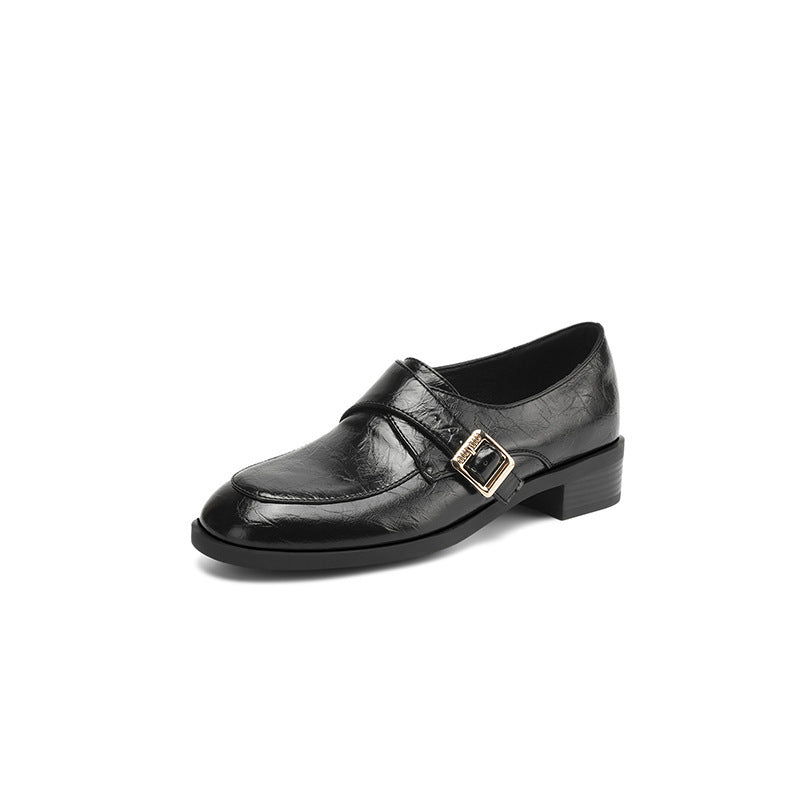 Women’s Low Heel Plus Size Buckle Shoes – Litchi Pattern Round Toe Comfort