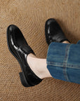 Women’s Low Heel Plus Size Buckle Shoes – Litchi Pattern Round Toe Comfort