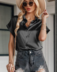 Lapel Button Short Sleeve Shirt Summer Casual Loose Solid Color Beach Top For Womens Clothing