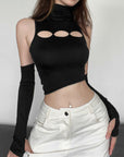 Women Hot Girl Short Sexy Top with Sleeve Covers – Slim Fit Perforated Dance Crop Top