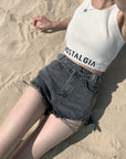 ⛓️ Women's High Waist Chain Detail Denim Shorts – Charcoal Black Cotton (XS-L)